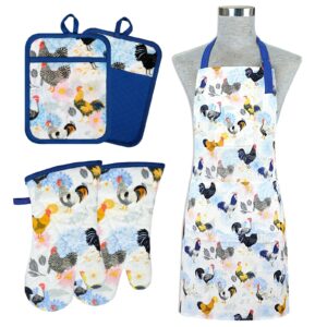 alselo oven mitts and pot holders with chef apron,set of 5 heat resistant kitchen gloves and silicone non-slip potholders adjustable neck buckle chef apron, cotton nice design for cooking (rooster)