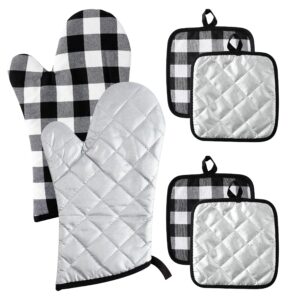 grobro7 6pcs buffalo check plaid oven mitts and pot holders set pure cotton heat resistant potholders washable durable bbq gloves with hanging loop for safe kitchen baking cooking grilling white&black