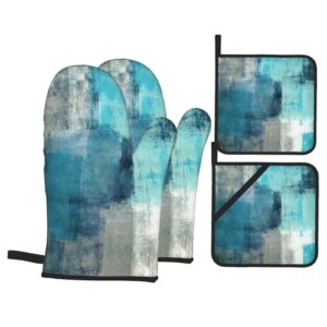 oven mitts and pot holders sets of 4 high heat resistant modern art gry turquoise abstract oven mitts with oven gloves and hot pads potholders for kitchen baking cooking bbq non-slip cooking mitts