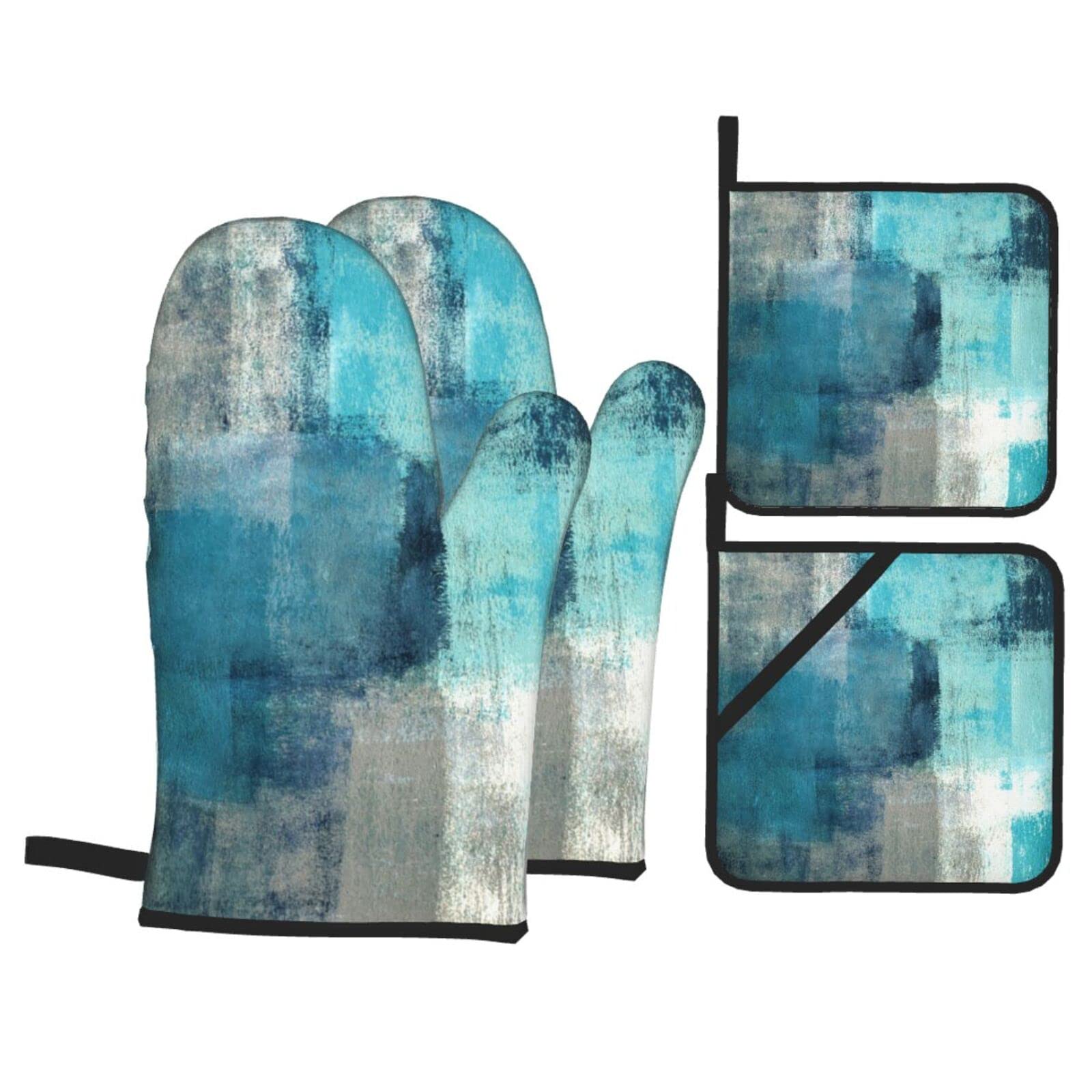 Oven Mitts and Pot Holders Sets of 4 High Heat Resistant Modern Art Gry Turquoise Abstract Oven Mitts with Oven Gloves and Hot Pads Potholders for Kitchen Baking Cooking BBQ Non-Slip Cooking Mitts