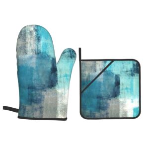 Oven Mitts and Pot Holders Sets of 4 High Heat Resistant Modern Art Gry Turquoise Abstract Oven Mitts with Oven Gloves and Hot Pads Potholders for Kitchen Baking Cooking BBQ Non-Slip Cooking Mitts