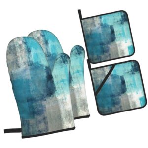 Oven Mitts and Pot Holders Sets of 4 High Heat Resistant Modern Art Gry Turquoise Abstract Oven Mitts with Oven Gloves and Hot Pads Potholders for Kitchen Baking Cooking BBQ Non-Slip Cooking Mitts