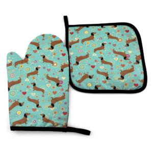 Oven Mitt and Pot Holders, 2 Piece Set, Dachshunds On Turquoise Floral Background Cotton Lining Waterproof BBQ Gloves