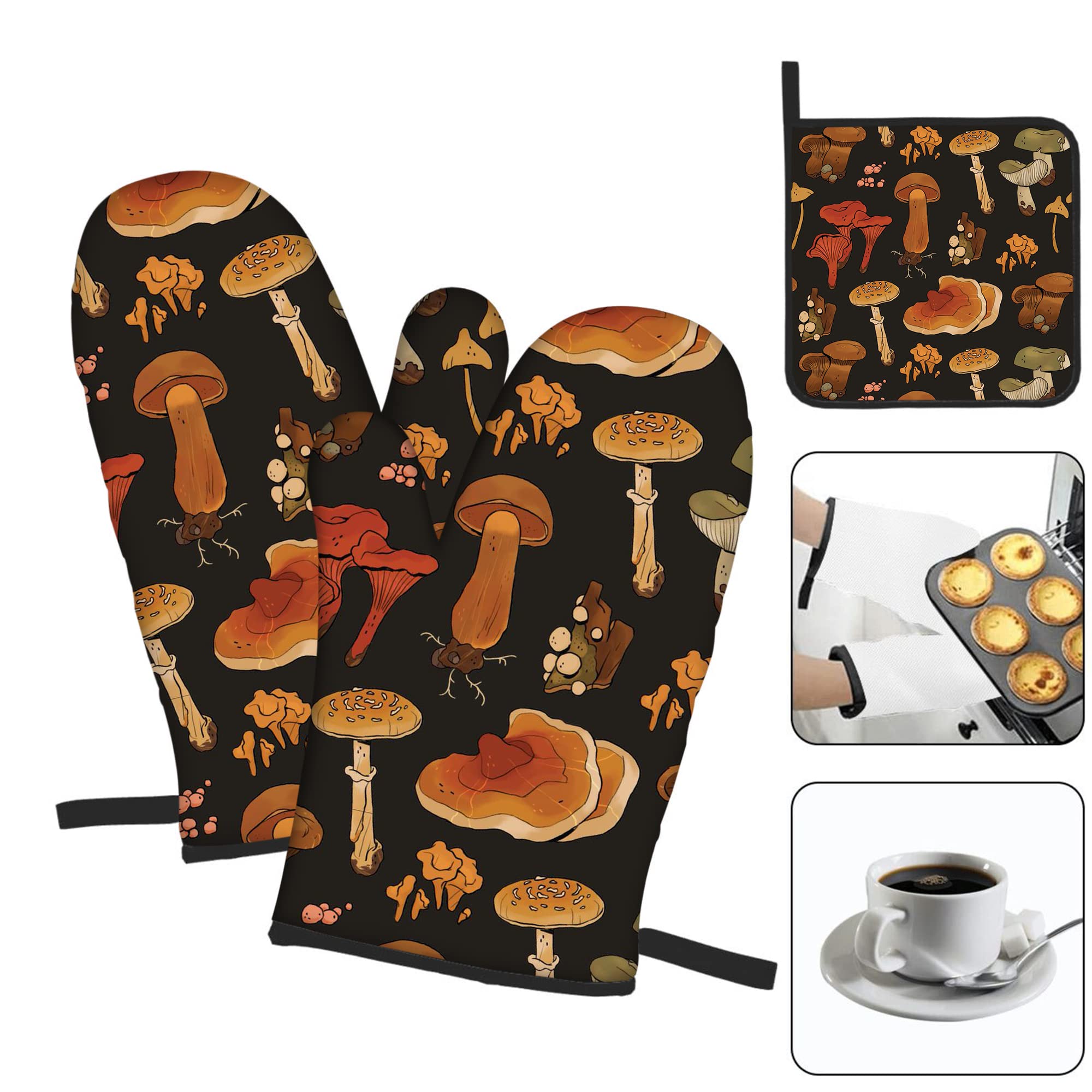 Mushroom Oven Mitts and Pot Holders Sets, Funny Kitchen Heat Resistant of 500 Degrees, Pure Cotton Hot Pads and Oven Mitts Sets for Baking,Cooking,BBQ Grilling(3Pcs Set)…