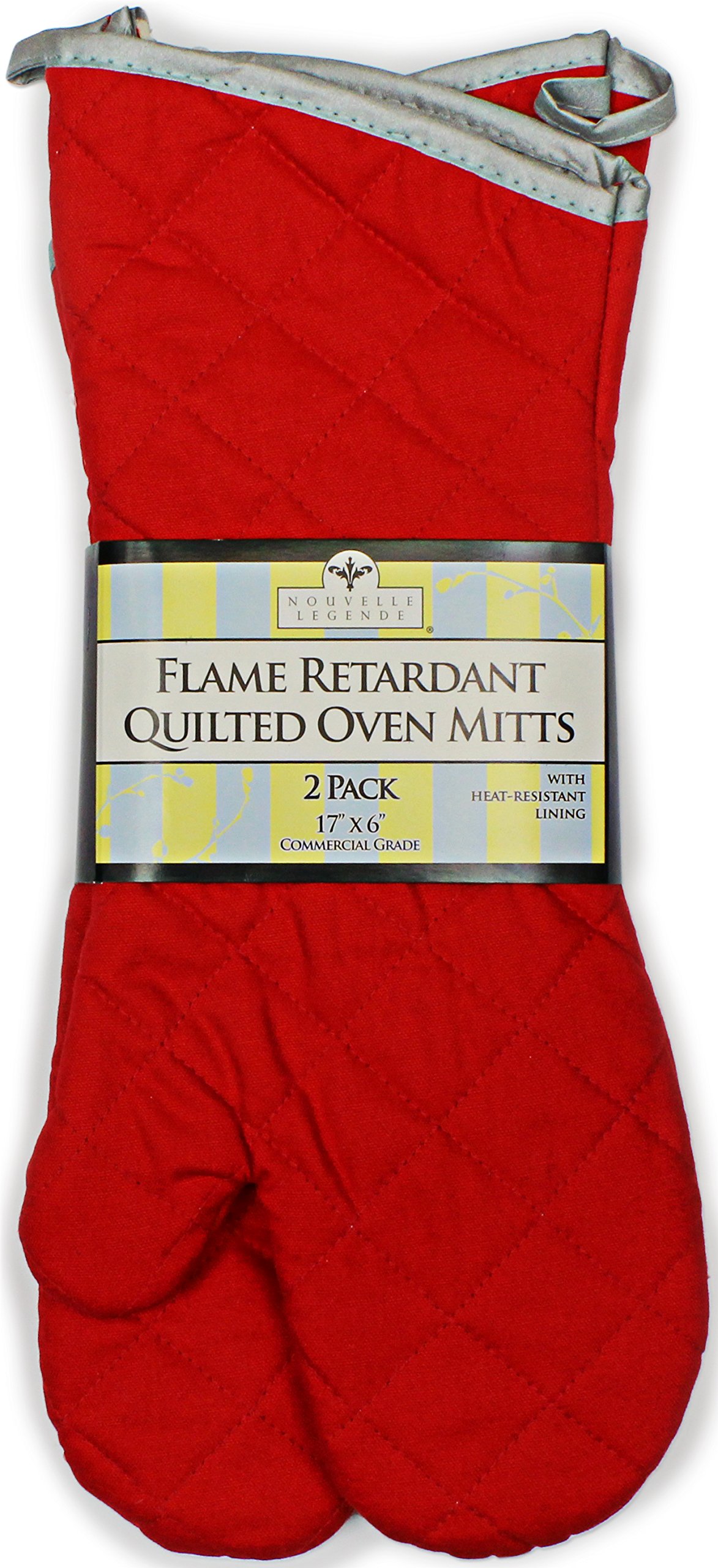 Nouvelle Legende Flame Retardant Kitchen and BBQ Heavy Duty Burn Protection Quilted Mitt, 17 Inches, Red, 2-Pack
