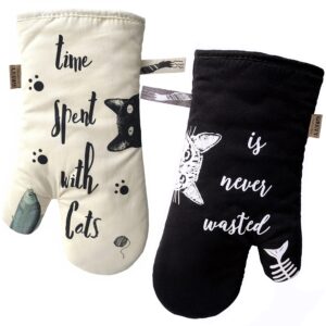 grevy oven mitts heat resistant cooking glove 100% cotton lining 12"(ivory and black cat,potholder kitchen gloves,set of 2)
