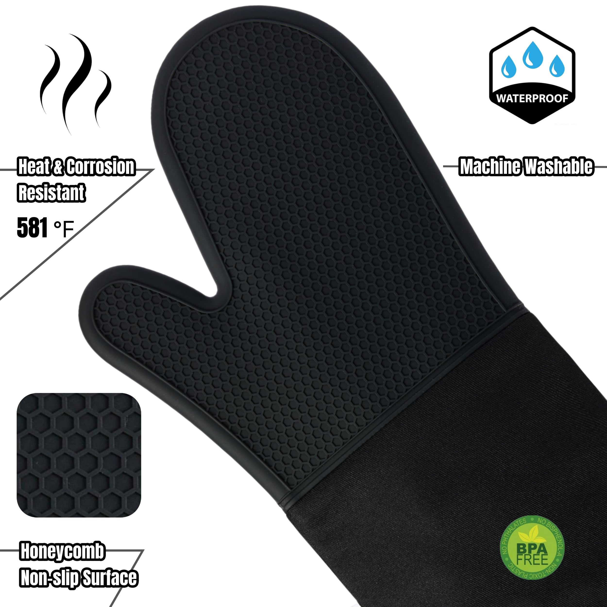 JEEKOIN Professional Oven Mitts Flexible and Durable, Honeycomb Silicone Oven Mitt Heat Resistant 581, Extra Long Cooking Protection BBQ Gloves, Non-Slip Pot Holders, BPA-Free, 14 Inch 1 Pair, Black