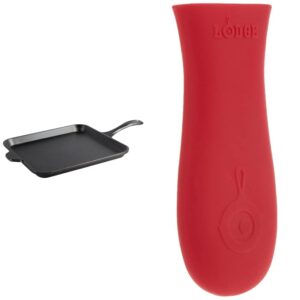 lodge cast iron square 11" griddle & silicone hot handle holder - red heat protecting silicone handle for cast iron skillets with keyhole handle