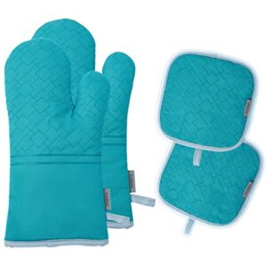 oven mitts and pot holders set 4pcs, oven mitt 572f heat resistant for kitchen, soft cotton lining oven gloves with non-slip silicone surface for cooking baking grilling(turquoise)