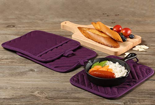 VEIKERY Cotton Pocket Pot Holders Machine Washable Heat Resistant Hot Pads for Kitchen and Baking Square Purple Oven Mitts 7"x9" Set of 5