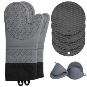 aofuxti silicone oven mitts and pot holders sets - extra long heat resistant oven gloves with hot pads and mini oven mittens for grilling, kitchen baking cooking, soft quilted liner, pack of 9 (gray)