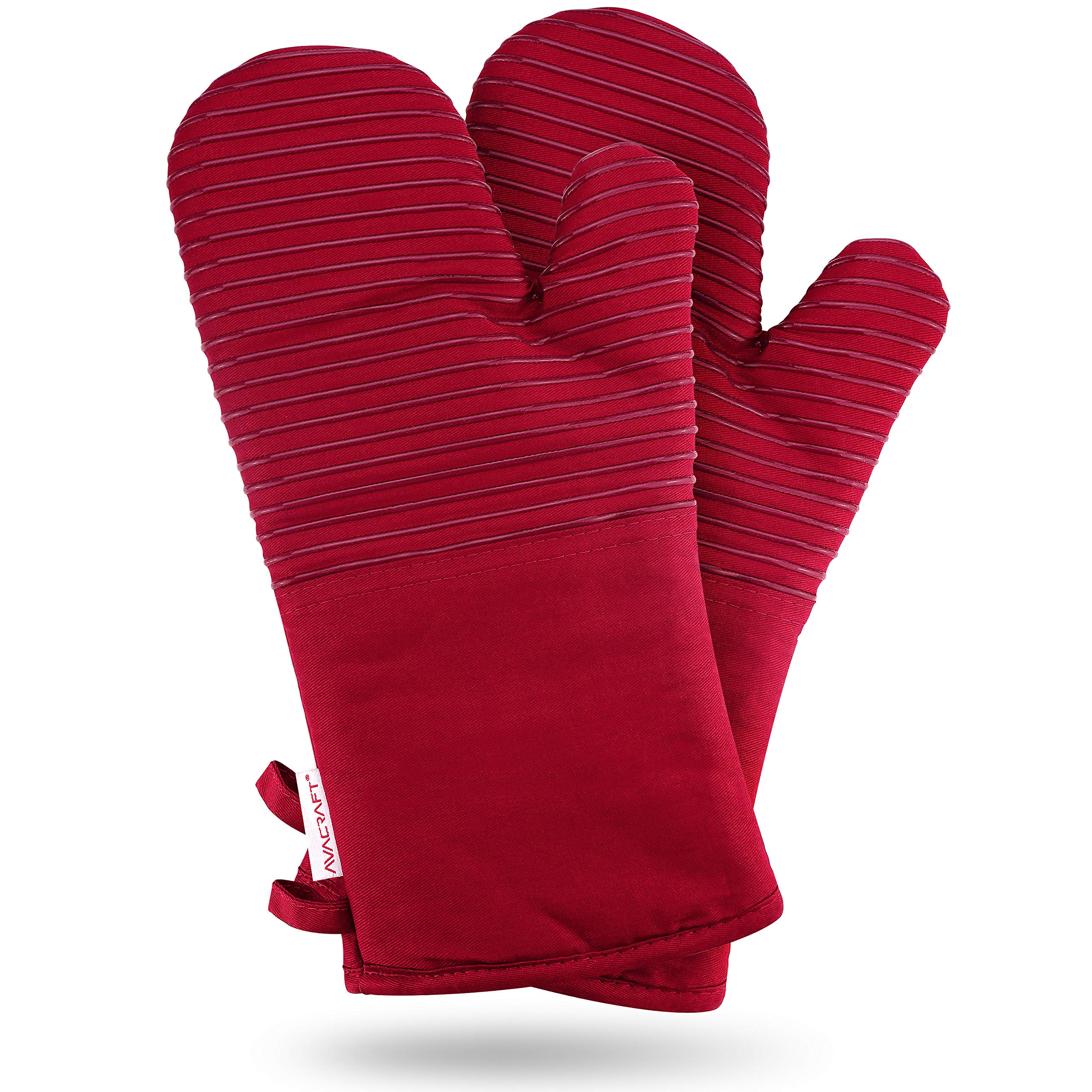 AVACRAFT Oven Mitts Pair, Flexible, 100% Cotton with Unique Heat Resistant Food Grade Silicone, Thick Terry Cloth Interior, 500 F Heat Resistant (Red Oven Mitts)