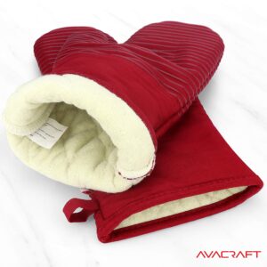 AVACRAFT Oven Mitts Pair, Flexible, 100% Cotton with Unique Heat Resistant Food Grade Silicone, Thick Terry Cloth Interior, 500 F Heat Resistant (Red Oven Mitts)