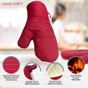 AVACRAFT Oven Mitts Pair, Flexible, 100% Cotton with Unique Heat Resistant Food Grade Silicone, Thick Terry Cloth Interior, 500 F Heat Resistant (Red Oven Mitts)