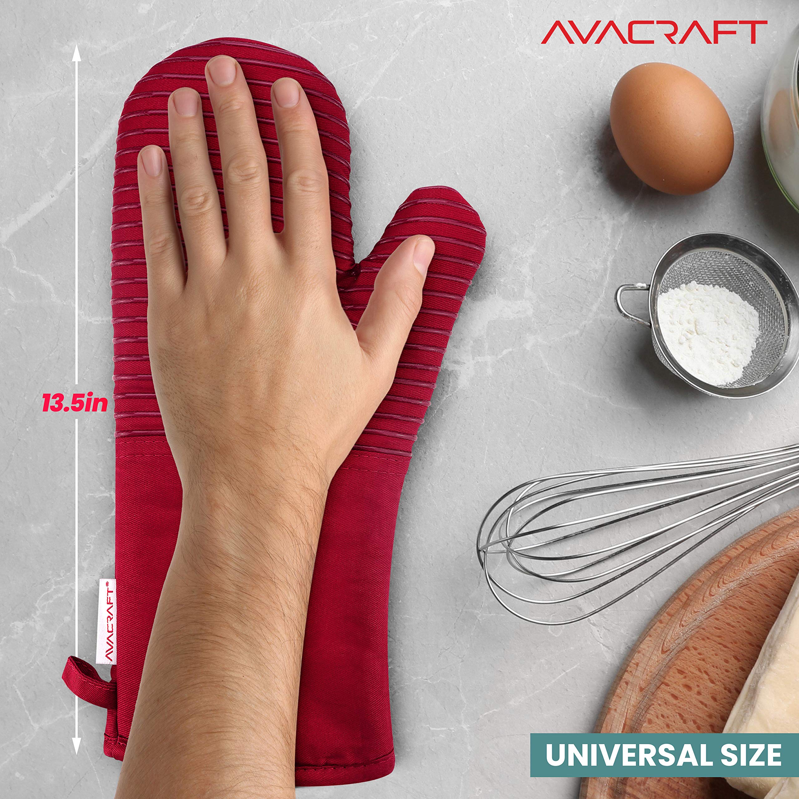 AVACRAFT Oven Mitts Pair, Flexible, 100% Cotton with Unique Heat Resistant Food Grade Silicone, Thick Terry Cloth Interior, 500 F Heat Resistant (Red Oven Mitts)