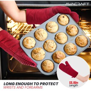 AVACRAFT Oven Mitts Pair, Flexible, 100% Cotton with Unique Heat Resistant Food Grade Silicone, Thick Terry Cloth Interior, 500 F Heat Resistant (Red Oven Mitts)