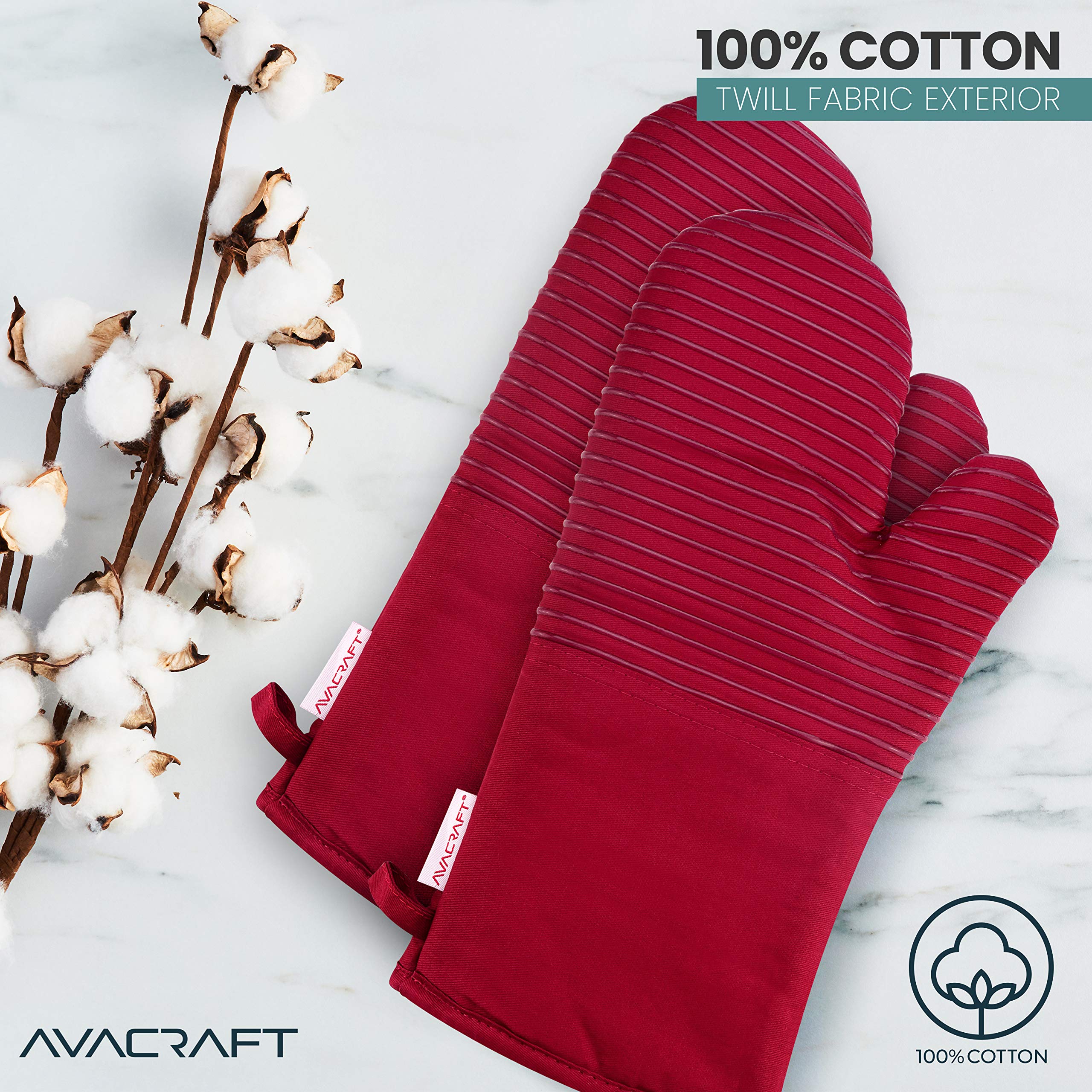 AVACRAFT Oven Mitts Pair, Flexible, 100% Cotton with Unique Heat Resistant Food Grade Silicone, Thick Terry Cloth Interior, 500 F Heat Resistant (Red Oven Mitts)