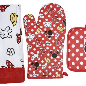 Disney Oven Mitt Pot Holder & Dish Towel 3 pc Kitchen Set (Minnie Mouse Red)