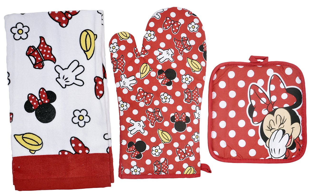 Disney Oven Mitt Pot Holder & Dish Towel 3 pc Kitchen Set (Minnie Mouse Red)