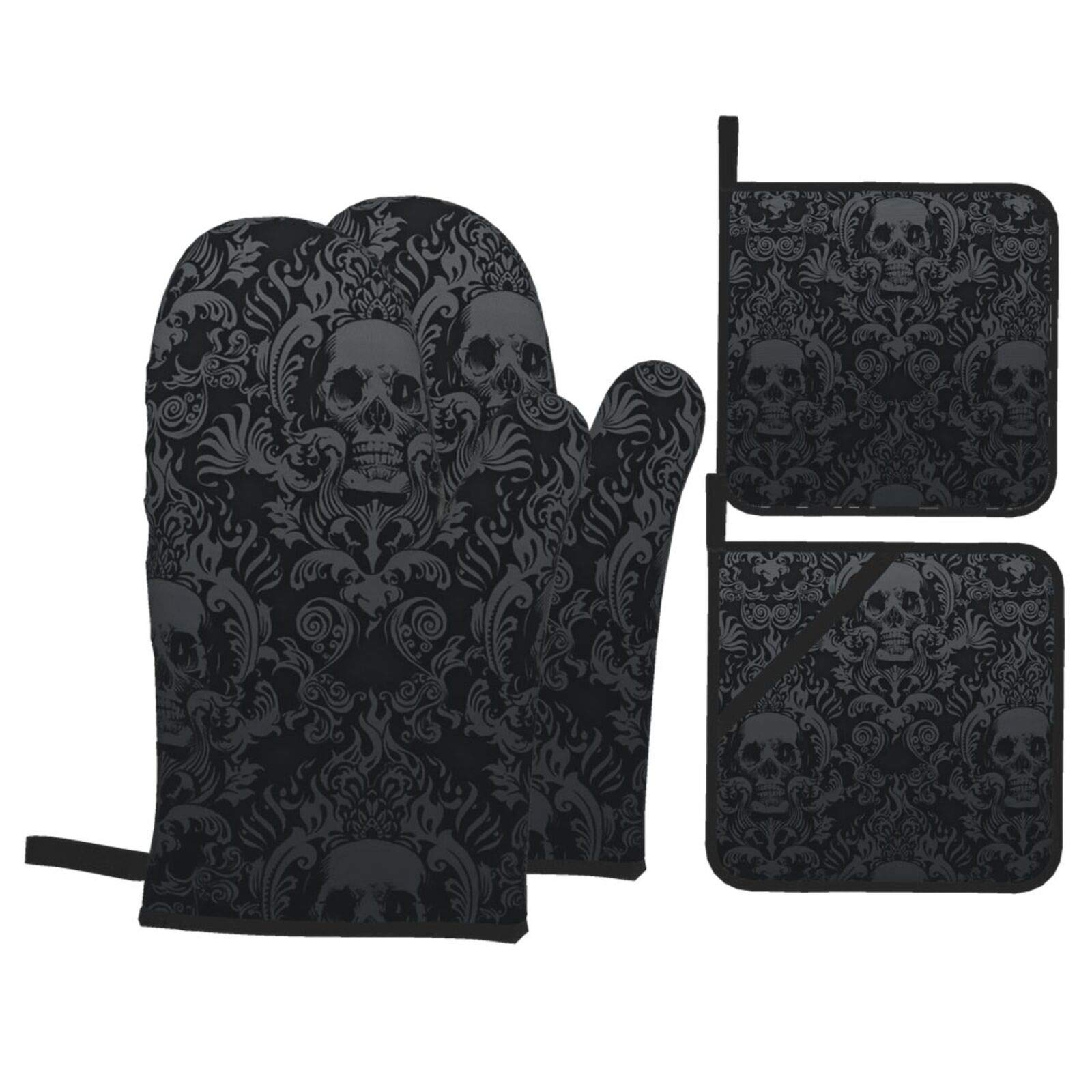 Victorian Gothic Black Skull Damask Oven Mitts and Pot Holders Sets of 4,Resistant Hot Pads with Polyester Non-Slip BBQ Gloves for Kitchen,Cooking,Baking,Grilling