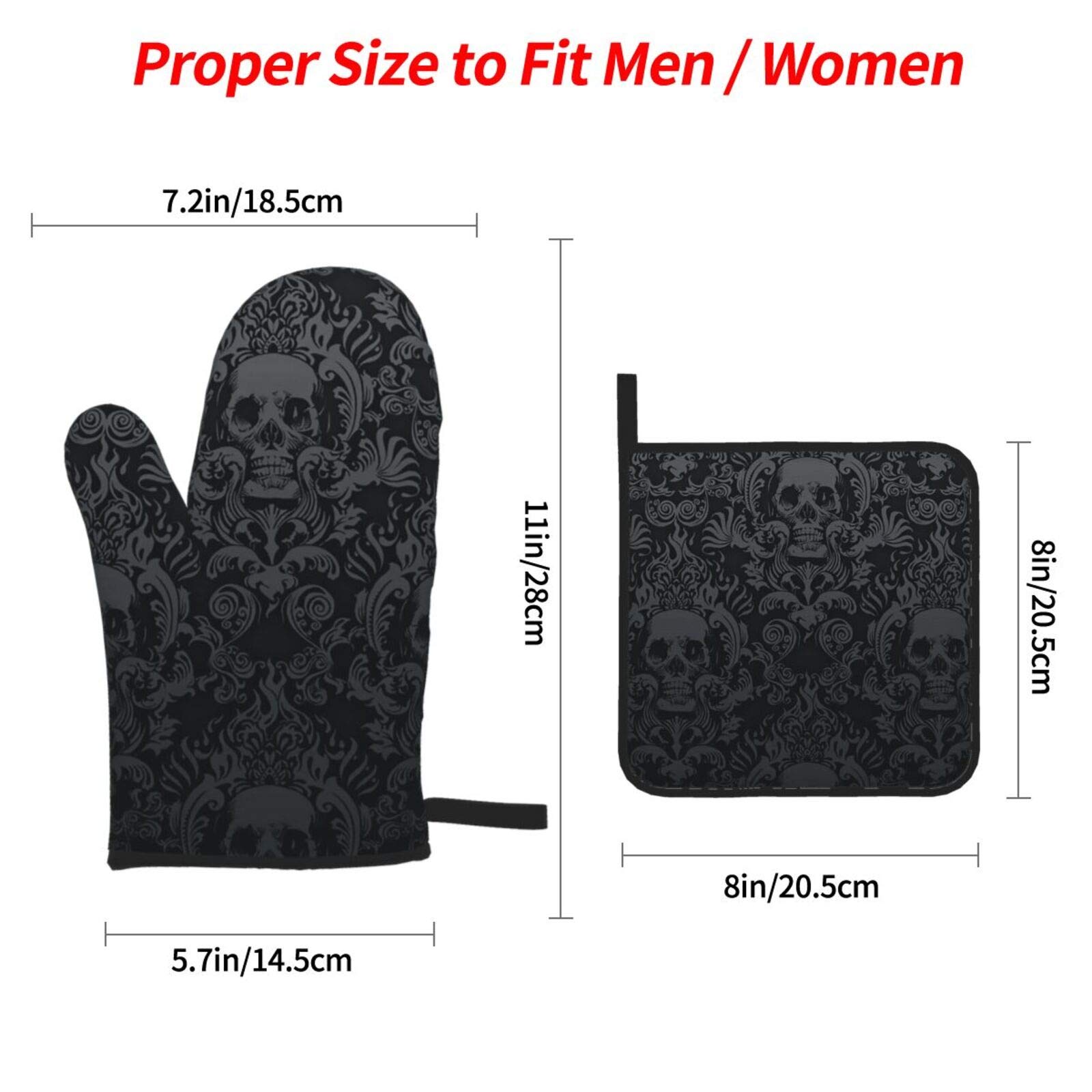 Victorian Gothic Black Skull Damask Oven Mitts and Pot Holders Sets of 4,Resistant Hot Pads with Polyester Non-Slip BBQ Gloves for Kitchen,Cooking,Baking,Grilling