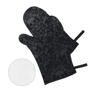 Victorian Gothic Black Skull Damask Oven Mitts and Pot Holders Sets of 4,Resistant Hot Pads with Polyester Non-Slip BBQ Gloves for Kitchen,Cooking,Baking,Grilling