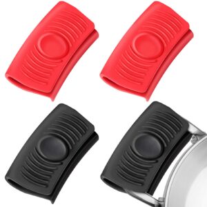 2 pairs silicone assist handle holder heat insulated hot pot grip handle cover sleeve grip for cast iron woks, pans, griddles, skillets, plates (red and black)