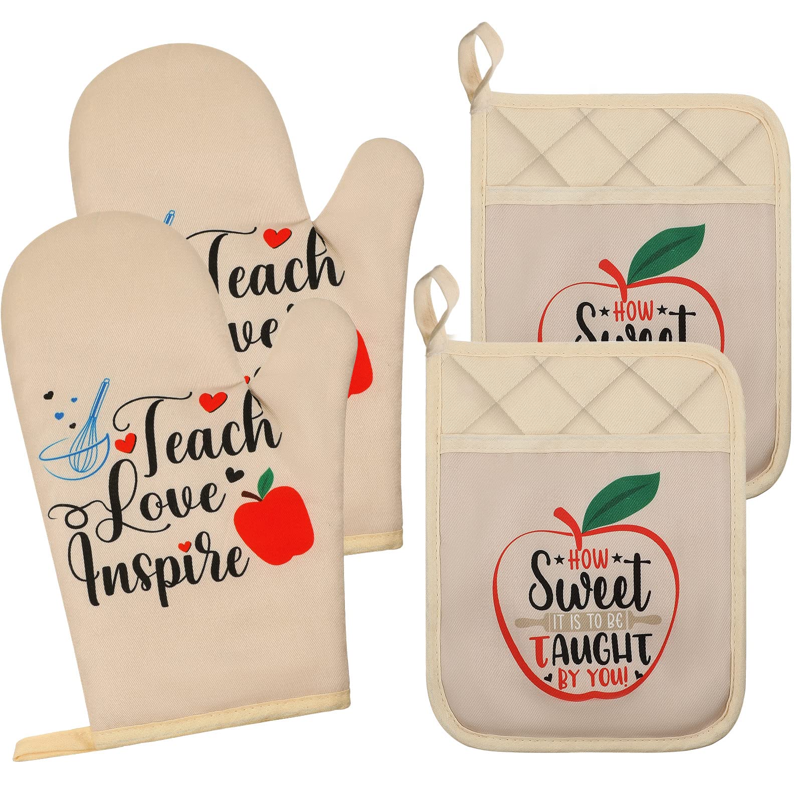 Teacher Gifts 4 Packs Teacher Appreciation Gifts for Women Men Funny Oven Mitts and Pot Holders Sets Kitchen Mittens and Pot Holder Set with Hand Pocket and Hanging Loop Back to School Teacher Gift