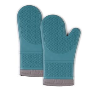 town & country living silicone oven mitts, 500 degree heat resistant, machine washable, 2-pack, textured teal