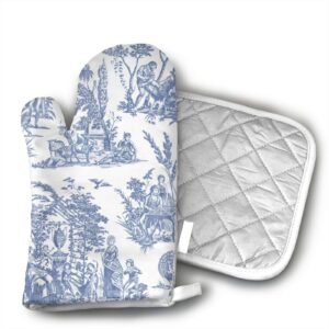 marseilles toile willow ware blue white 2 pack heat resistant hot oven mitts & pot holders for kitchen set,for bbq cooking baking