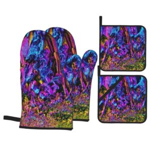 rainbow titanium glass oven mitts and pot holders set heat resistant non-slip kitchen gloves washable microwave gloves with soft cotton lining for cooking baking grilling barbecue