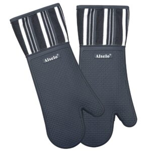 alselo silicone oven mitts heat resistant 550 degree extra long kitchen gloves pot holders with waterproof and non-silp for baking cooking barbecue microwave machine washable (extra long grey, 2)
