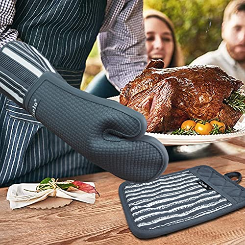 Alselo Silicone Oven Mitts Heat Resistant 550 Degree Extra Long Kitchen Gloves Pot Holders with Waterproof and Non-Silp for Baking Cooking Barbecue Microwave Machine Washable (Extra Long Grey, 2)