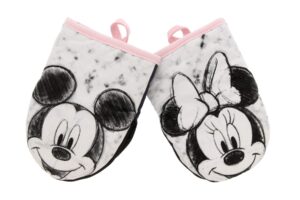 disney kitchen neoprene mini oven mitts, 2pk-heat resistant oven gloves with insulation ideal for handling hot kitchenware-non-slip grip, hanging loop, 5.5 x 7 inches - mickey and minnie sketch pink