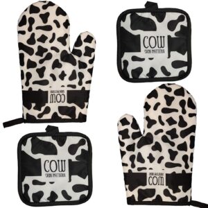 fstiko milk cow oven mitts and pot holders sets 4 pieces, hot pads cotton quilted kitchen mittens bbq gloves with potholders kitchen microwave gloves for baking cooking grilling
