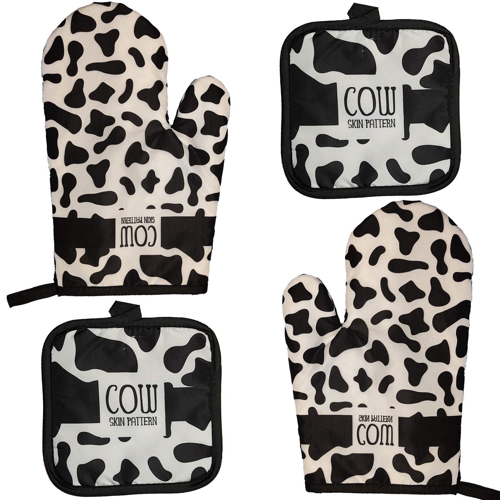 FSTIKO Milk Cow Oven Mitts and Pot Holders Sets 4 Pieces, Hot Pads Cotton Quilted Kitchen Mittens BBQ Gloves with Potholders Kitchen Microwave Gloves for Baking Cooking Grilling