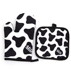 FSTIKO Milk Cow Oven Mitts and Pot Holders Sets 4 Pieces, Hot Pads Cotton Quilted Kitchen Mittens BBQ Gloves with Potholders Kitchen Microwave Gloves for Baking Cooking Grilling