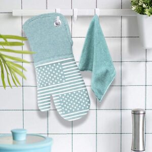 Yarn-Dyed Oven Mitts Silicone Printing and Kitchen Towels 4 pcs Set, Heat Resistant to 470 Degree, Non-Slip Kitchen Gloves/Pot Holders for Cooking Barbecue and Machine Washable (Khaki Oven Mitts)