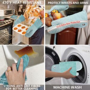 Yarn-Dyed Oven Mitts Silicone Printing and Kitchen Towels 4 pcs Set, Heat Resistant to 470 Degree, Non-Slip Kitchen Gloves/Pot Holders for Cooking Barbecue and Machine Washable (Khaki Oven Mitts)