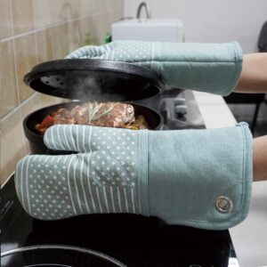 Yarn-Dyed Oven Mitts Silicone Printing and Kitchen Towels 4 pcs Set, Heat Resistant to 470 Degree, Non-Slip Kitchen Gloves/Pot Holders for Cooking Barbecue and Machine Washable (Khaki Oven Mitts)