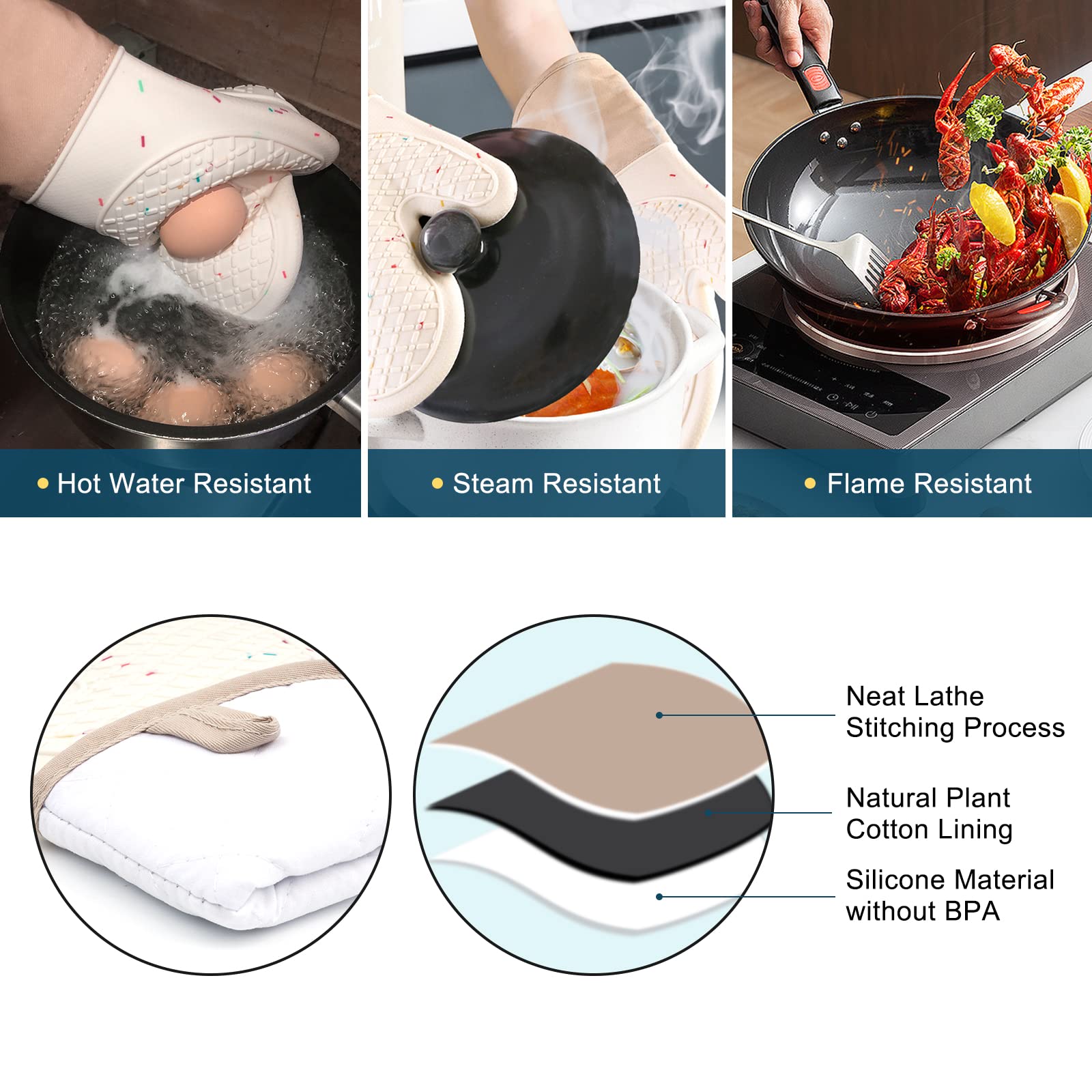 Silicone Oven Mitts and Pot Holders Sets, Heat Resistant Extra Long Silicone Oven Mittens with Hot Pads, Double Layer High Temperature Resistant Hot Pads and Oven Mitts Sets for Cooking, Grilling-Beig