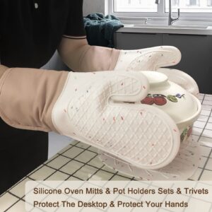 Silicone Oven Mitts and Pot Holders Sets, Heat Resistant Extra Long Silicone Oven Mittens with Hot Pads, Double Layer High Temperature Resistant Hot Pads and Oven Mitts Sets for Cooking, Grilling-Beig