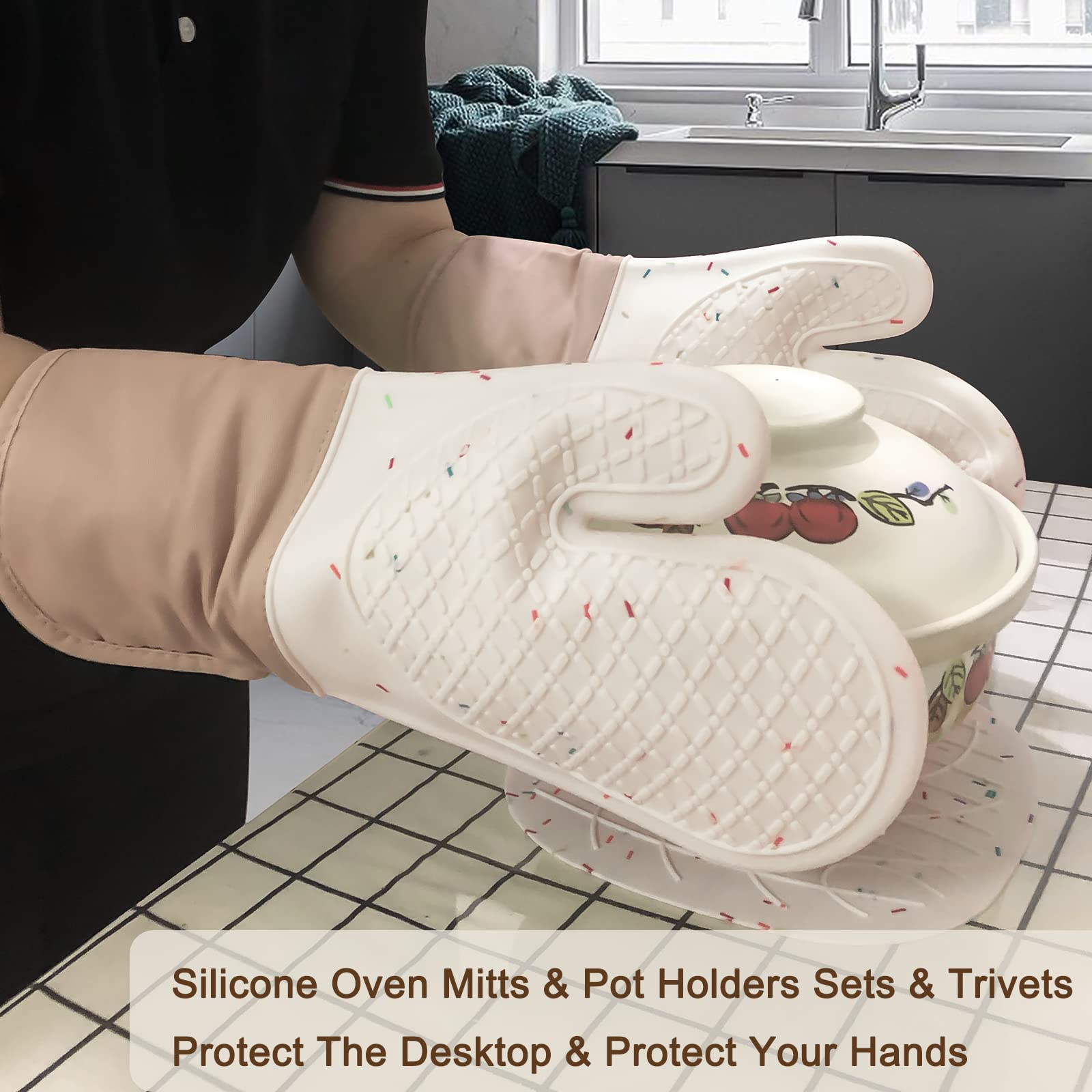 Silicone Oven Mitts and Pot Holders Sets, Heat Resistant Extra Long Silicone Oven Mittens with Hot Pads, Double Layer High Temperature Resistant Hot Pads and Oven Mitts Sets for Cooking, Grilling-Beig