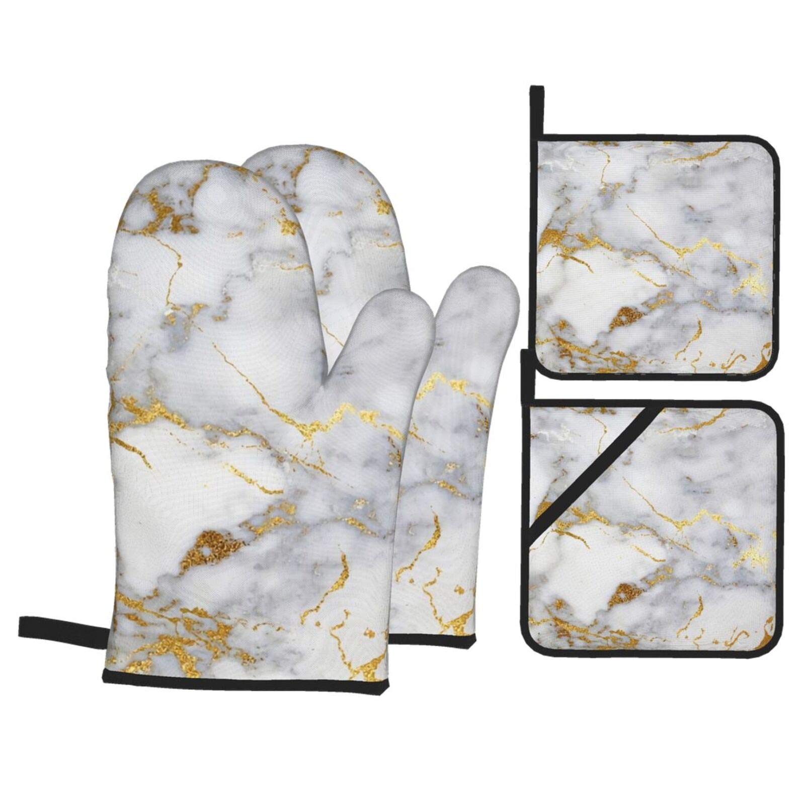 Gold Marble Oven Mitts and Pot Holders Set Heat Resistant Oven Gloves Flexible for Kitchen Cooking Baking Grilling Microwave