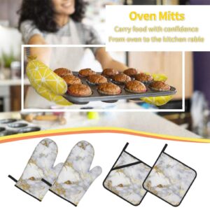 Gold Marble Oven Mitts and Pot Holders Set Heat Resistant Oven Gloves Flexible for Kitchen Cooking Baking Grilling Microwave