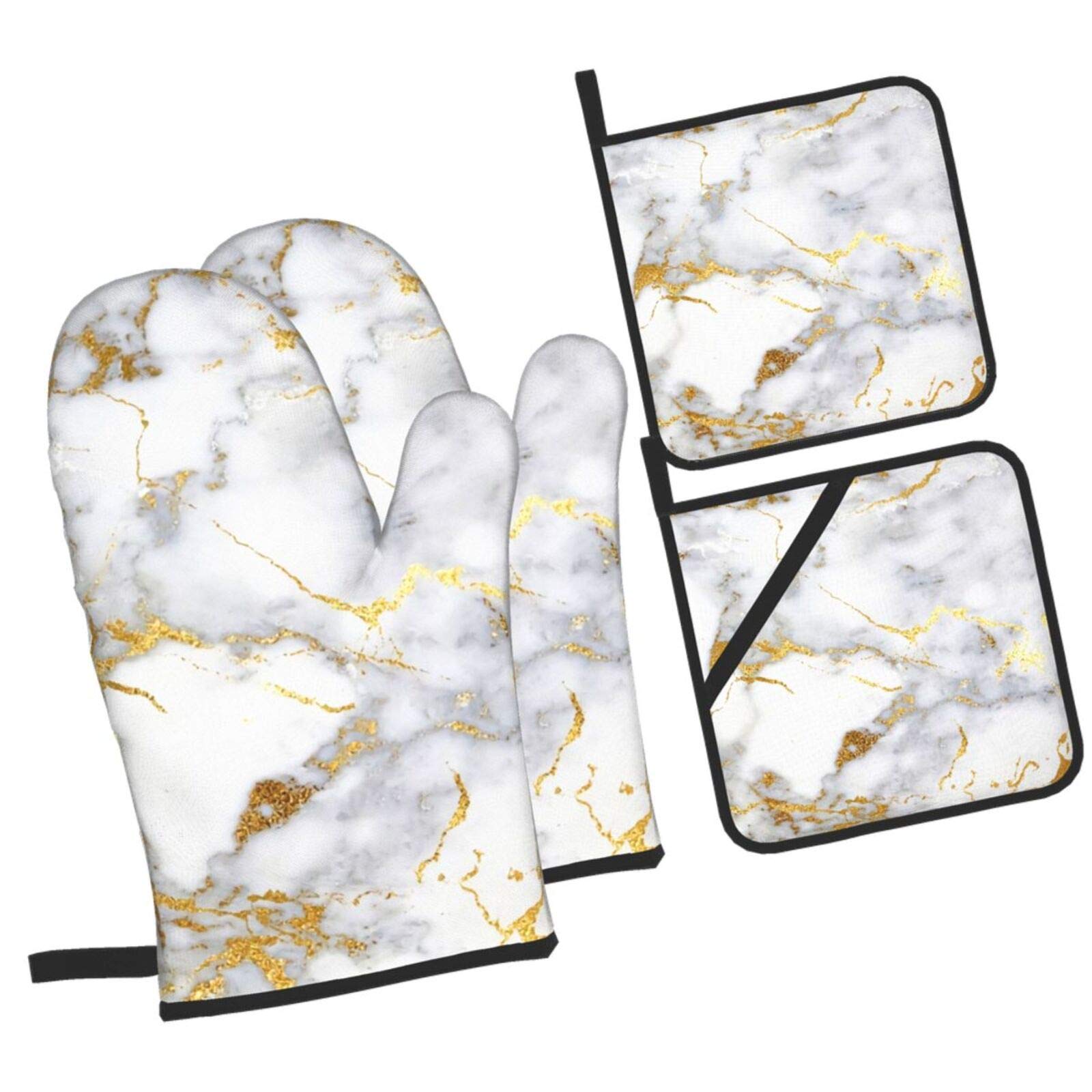 Gold Marble Oven Mitts and Pot Holders Set Heat Resistant Oven Gloves Flexible for Kitchen Cooking Baking Grilling Microwave