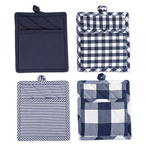 DII Gingham Check Kitchen Collection, Navy, Potholder Set