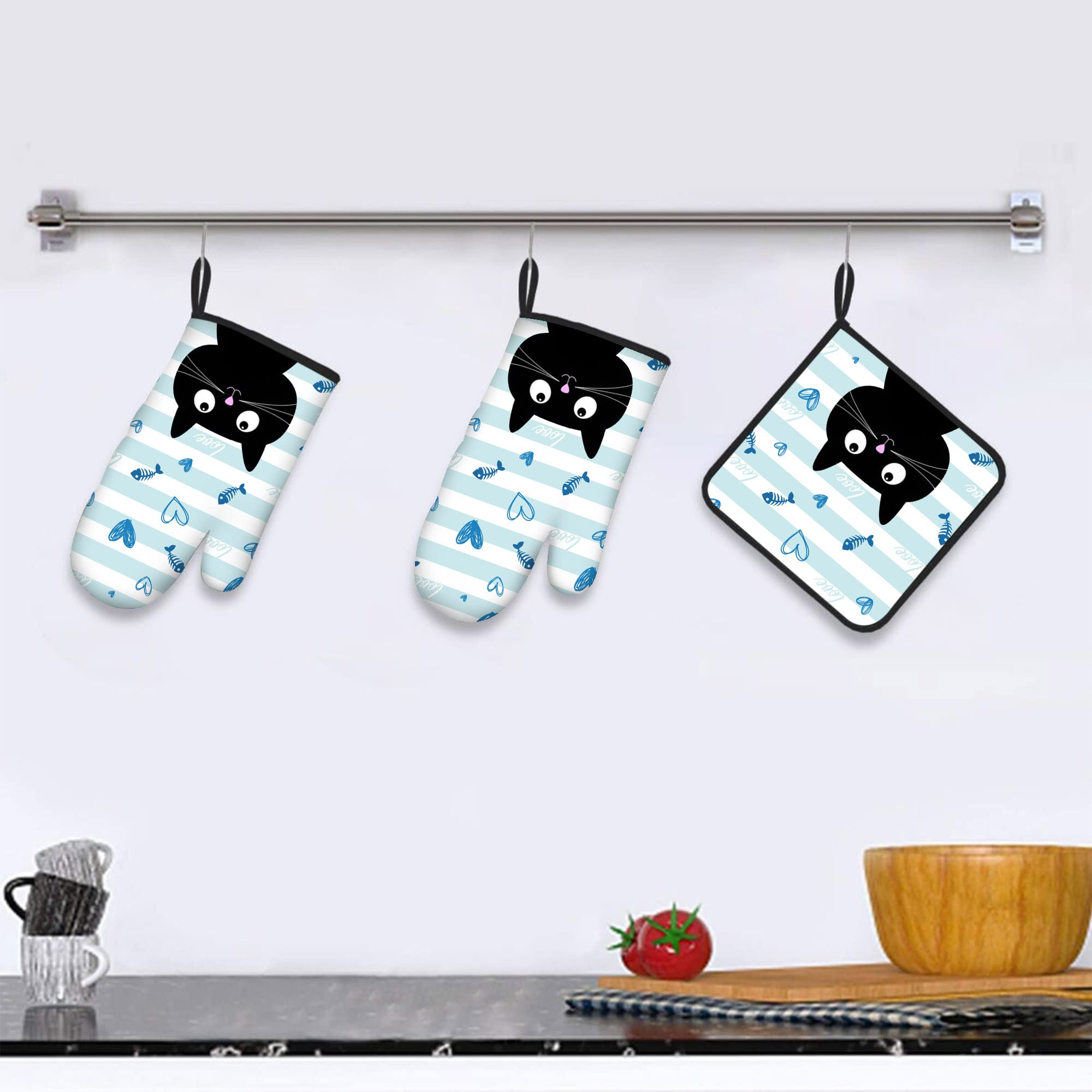 Cat Oven Mitts and Pot Holder, Cat Heat Resistant Gloves Hot Pads for Kitchen Cooking Baking Grilling Barbecue Cotton Oven Mitts