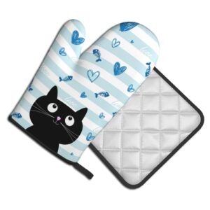 Cat Oven Mitts and Pot Holder, Cat Heat Resistant Gloves Hot Pads for Kitchen Cooking Baking Grilling Barbecue Cotton Oven Mitts