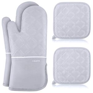 mizatto oven mitts and pot holders 4pcs set – kitchen oven glove high heat resistant 500 degree oven mitts and potholder with non-slip surface & cotton lining for baking, bbq, cooking (gray)